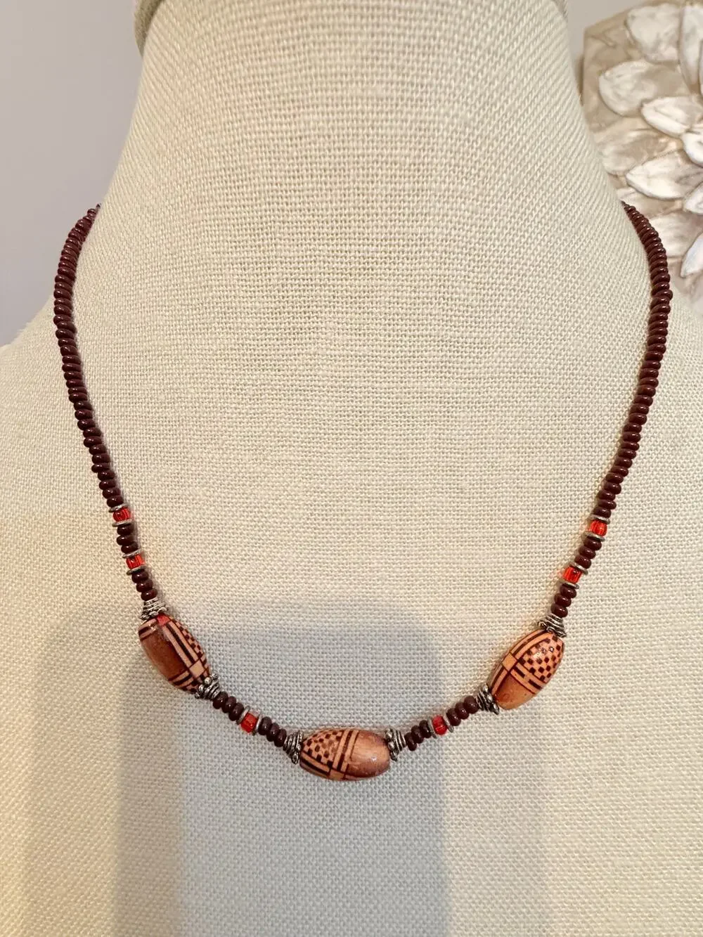 Vintage Brown Beaded Tribal Style Necklace 18”